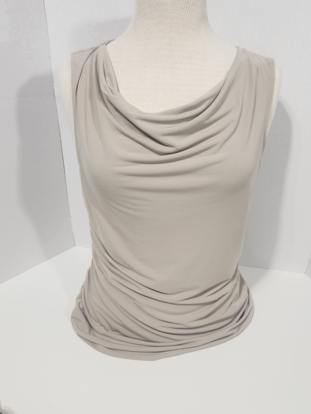Andrew Marc Draped Cowl Neck Sleeveless Top in Light Taupe